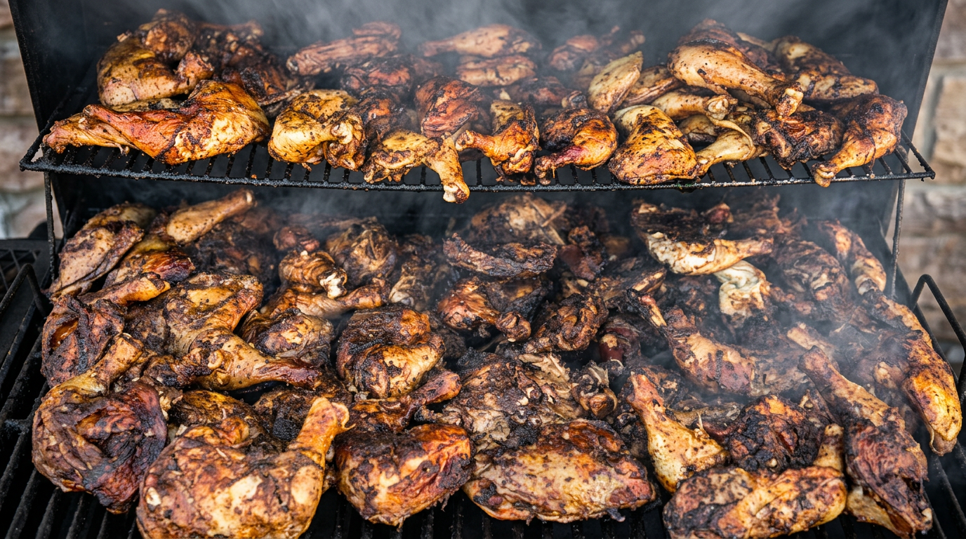 Authentic Jamaican jerk chicken with rice and peas