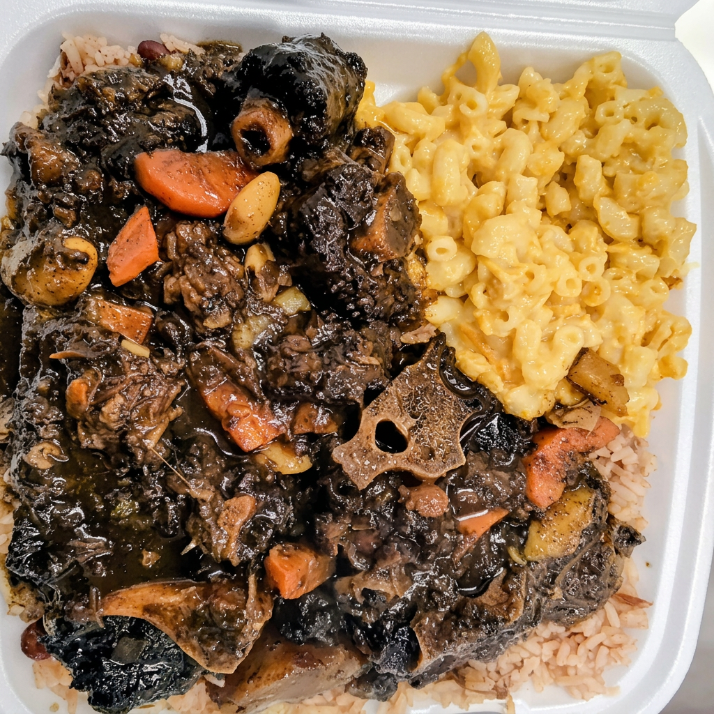 Slow-stewed oxtail with rice and mac and cheese