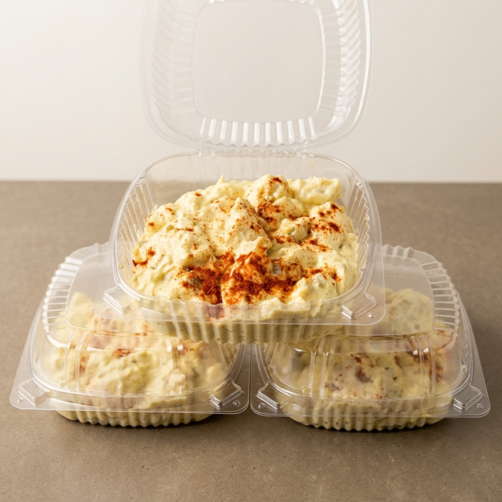 Homemade potato salad in catering containers